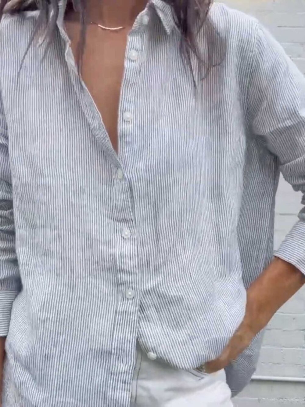 Quince Women's Blue Pinstripe 100% European Linen Long Sleeve Shirt In XS NWT
